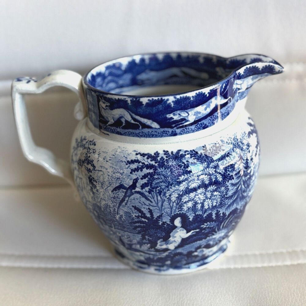 Antique 19th  Cobalt Blue White Transferware Pastoral Hunting Scene Pitcher